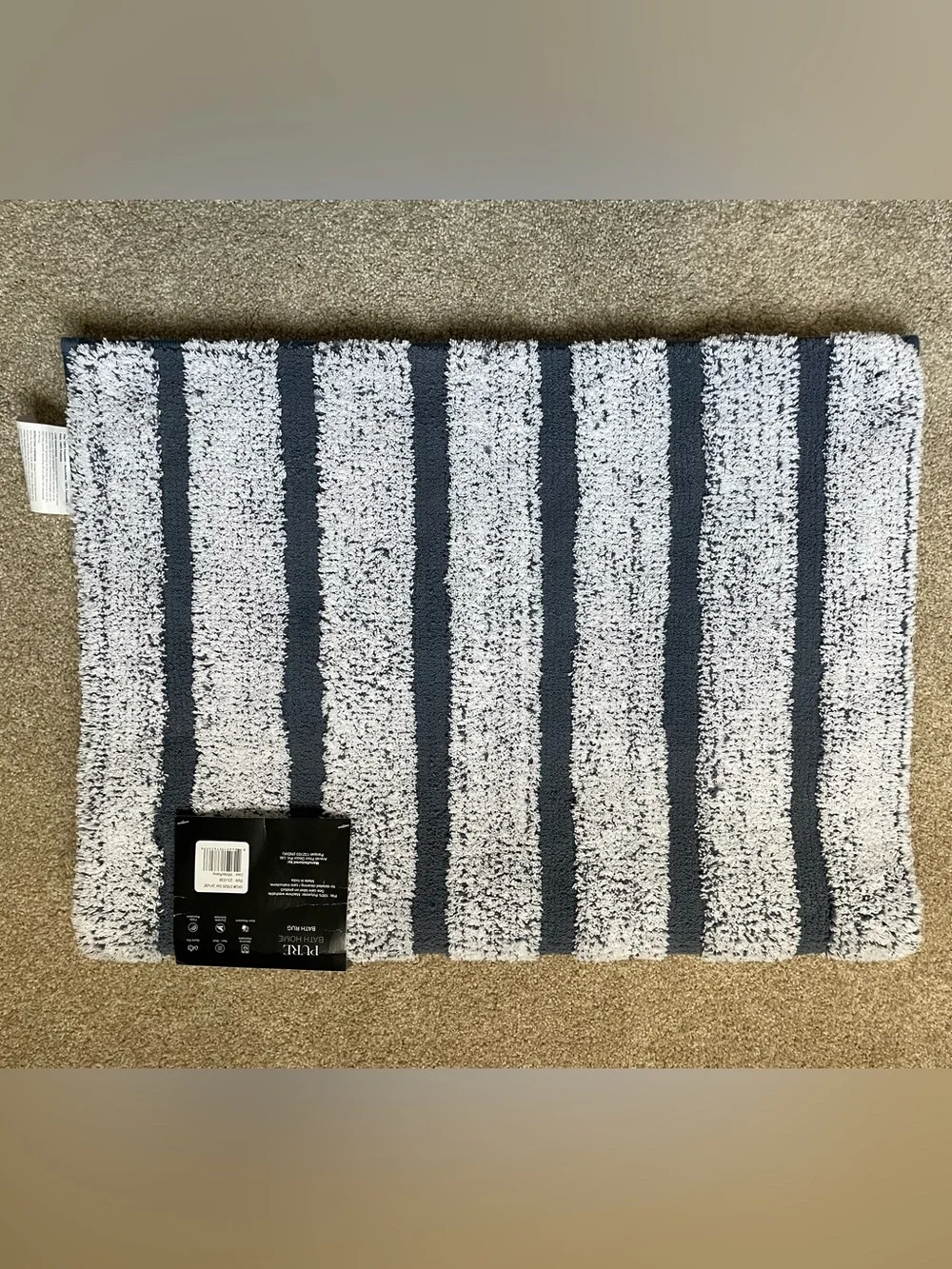 Navy and White Striped Plush Bath Rug